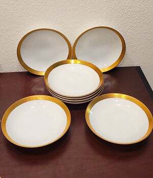 Arita Porcelain Bowls Set of 6 White Glossy Gold Rim Round Made in Japan